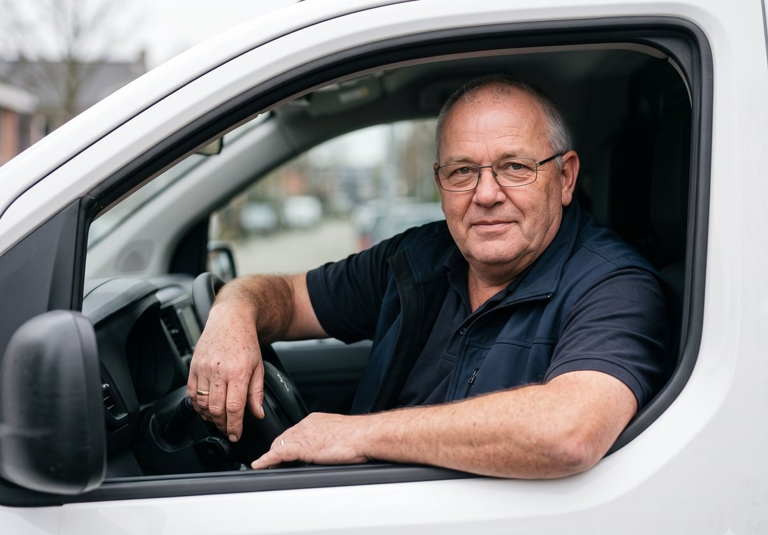 Chauffeur van Directgeleverd achter het stuur van een witte bestelbus